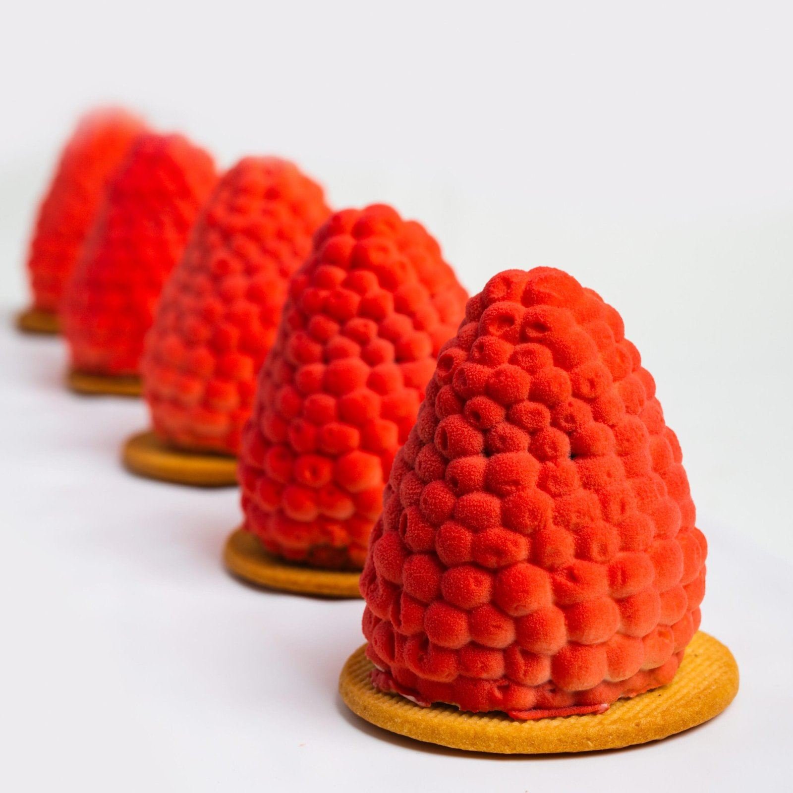 Dômes de framboise sur un sablé, alignés en perspective